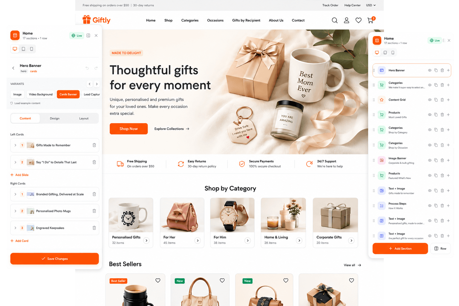 The PixelLayout visual editor, editing an online store's homepage