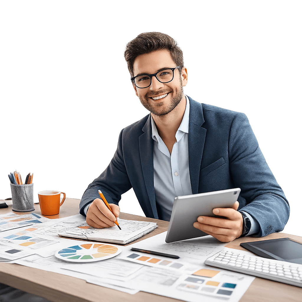 A business owner designing their website on a tablet
