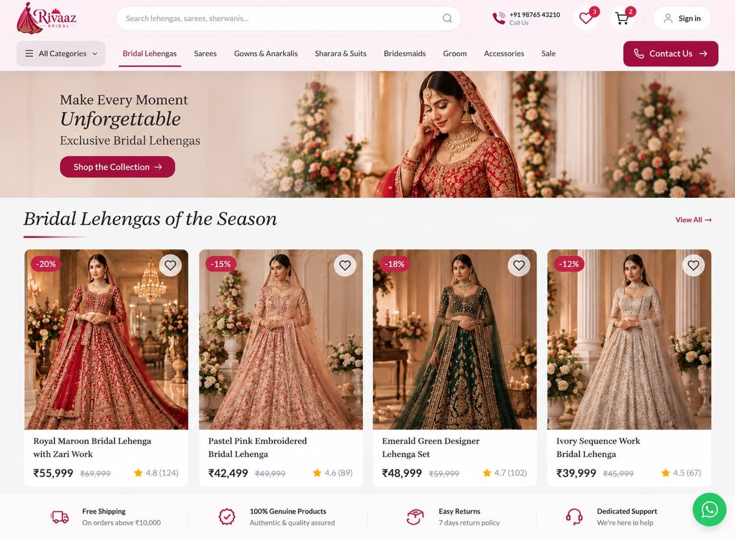 A complete bridal-wear storefront — search, categories, products and prices