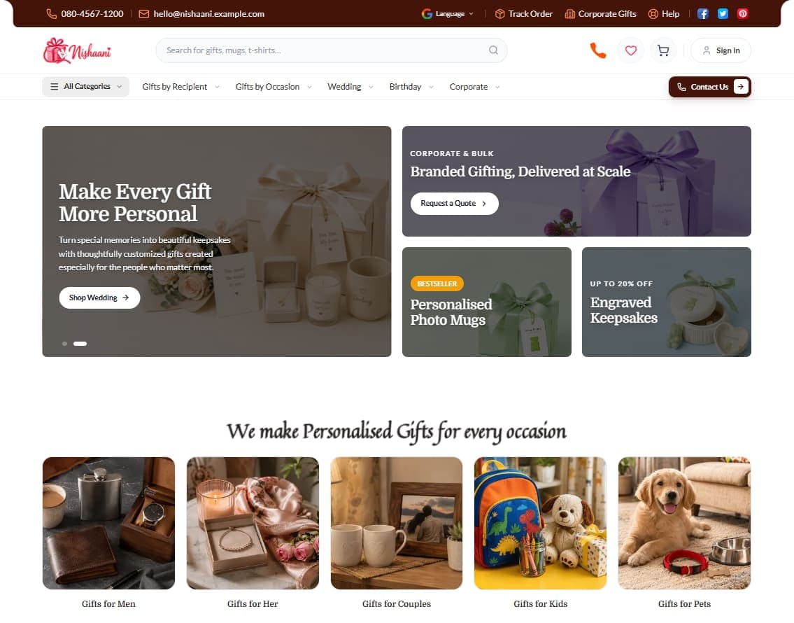 A personalised-gifts online store with category banners and collections