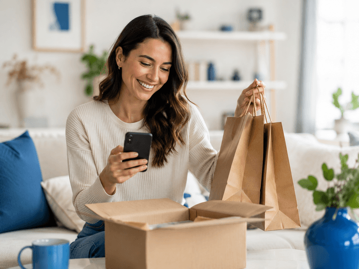 A happy customer with shopping bags