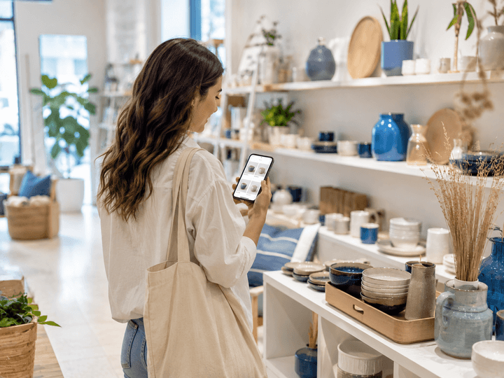 A customer shopping in a bright storefront