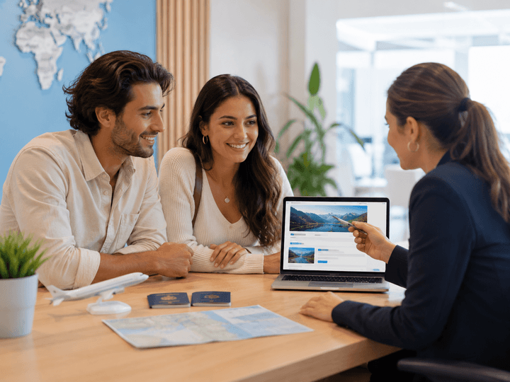 Travelers booking and checking in for a trip